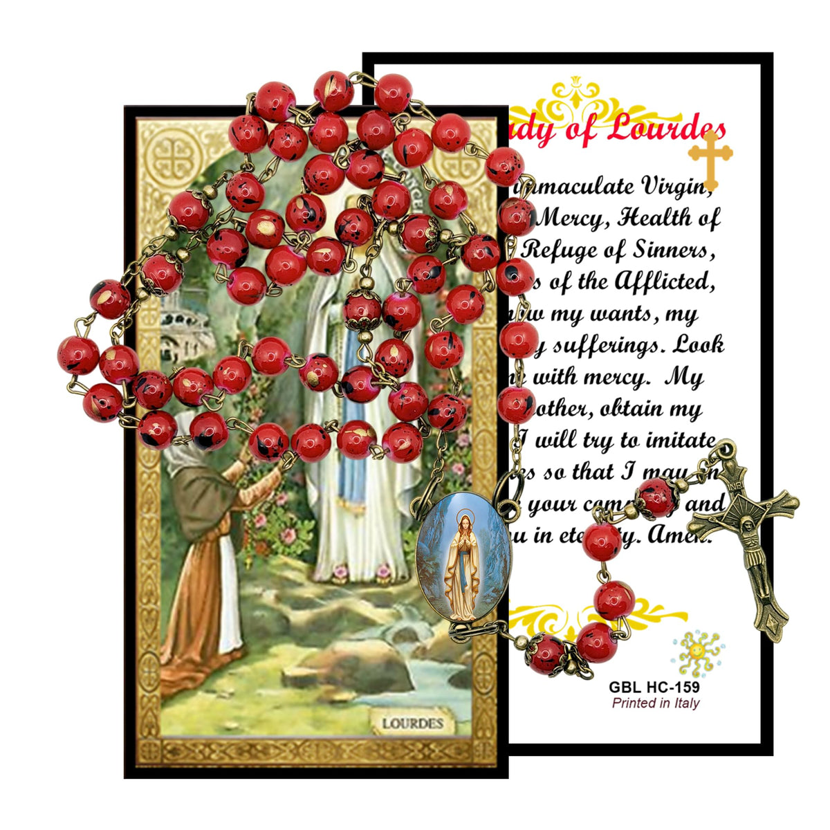 Our Lady of Lourdes Virgen de Lourdes Red Round Beads Rosary with Bronze findings and crucifix Bezel centerpiece with color image Includes prayer card Imported from Italy