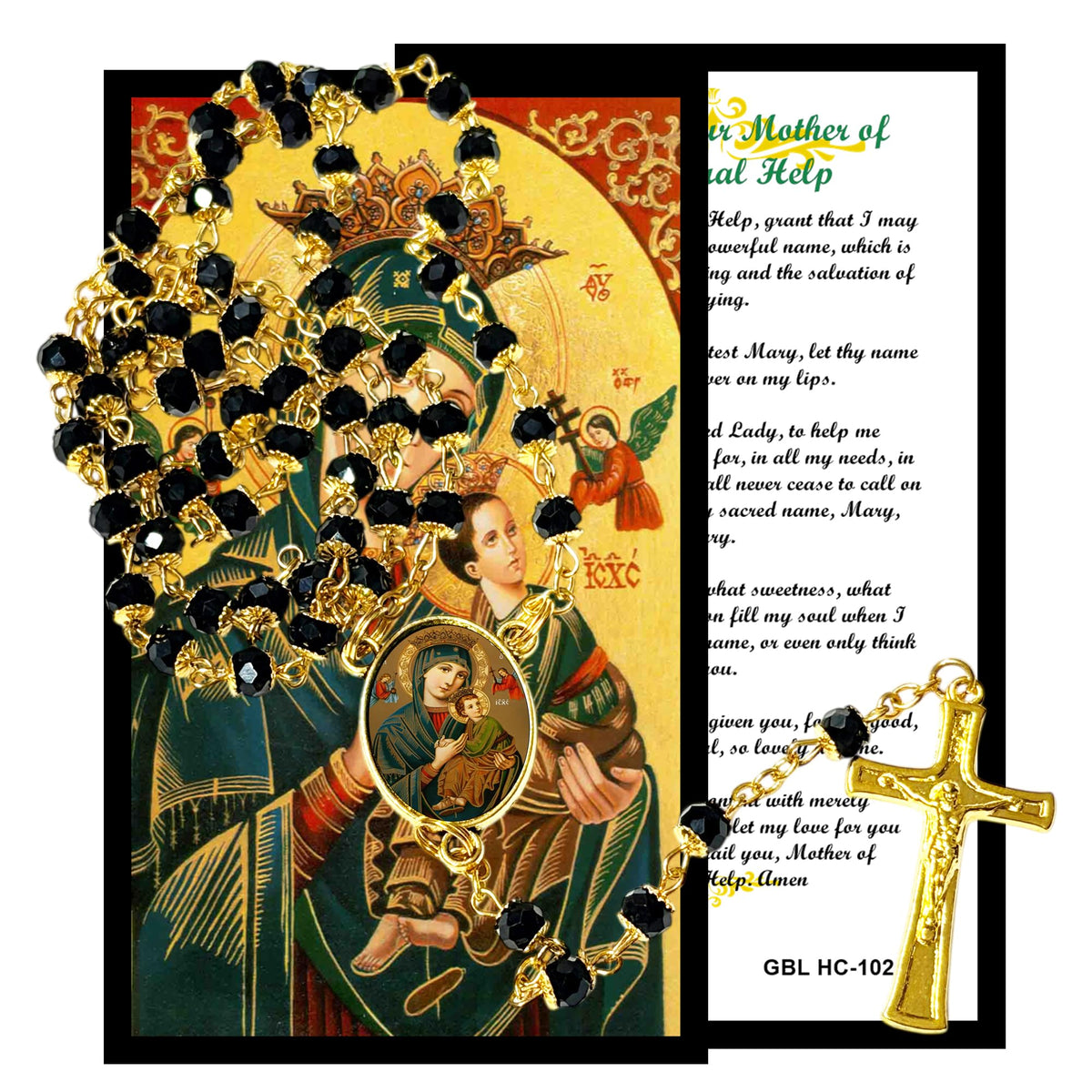 Our Lady of Perpetual Help Handcrafted rosary jet black quartz capped beads gold plated findings, crucifix, medal centerpiece with color image and a prayer card