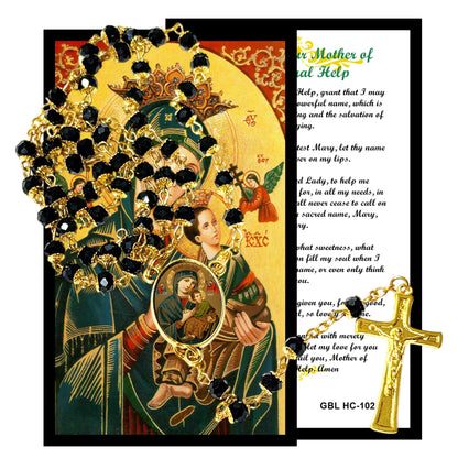 Our Lady of Perpetual Help Handcrafted rosary jet black quartz capped beads gold plated findings, crucifix, medal centerpiece with color image and a prayer card