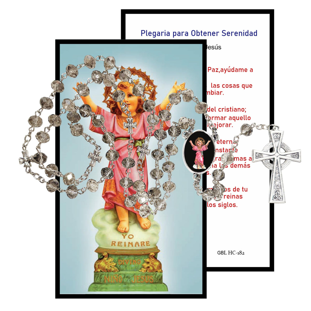 Divino Niño Jesus Divino Niño de Bogota YO REINARE Rosario artesanal de cristal de cuarzo ahumado con crucifijo bañado en plata y centro con imagen a color – crucifijos por Padre Nuestros y postal de rezo EN ESPANOL LA ORACION PARA LA SERENIDAD