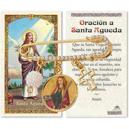Saint Agatha Breast Cancer Patron Gold-Tone Safety Pin Brooch with Saint Medal, Cross Charm, Pearl Accent & Crystal Details. Inspirational Religious Faith Pin