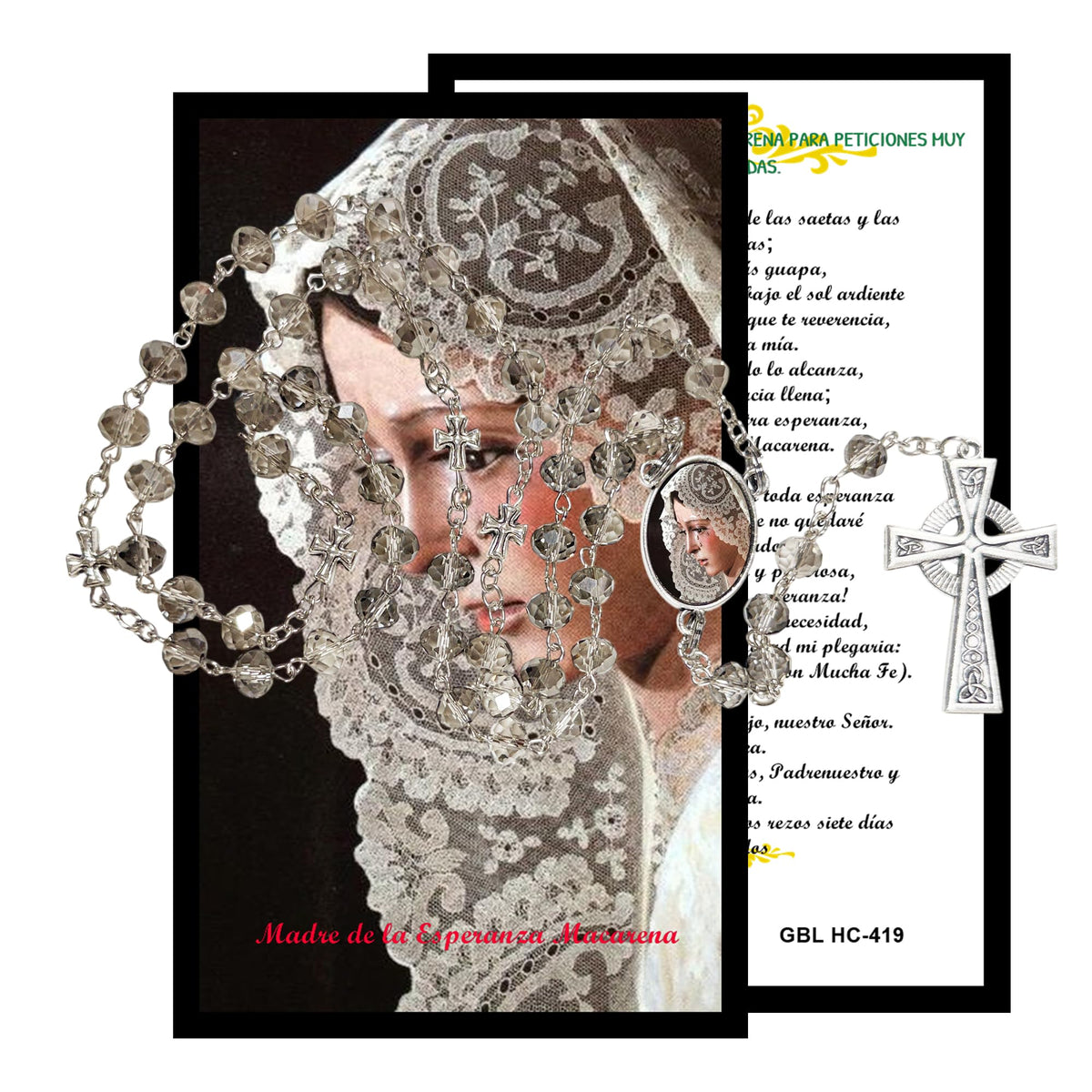 Nuestra Señora de la Esperanza Macarena Patrona de Sevilla Rosario artesanal de cristal de cuarzo ahumado con crucifijo bañado en plata y centro con imagen a color – crucifijos por Padre Nuestros y postal de rezo EN ESPANOL