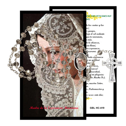 Nuestra Señora de la Esperanza Macarena Patrona de Sevilla Rosario artesanal de cristal de cuarzo ahumado con crucifijo bañado en plata y centro con imagen a color – crucifijos por Padre Nuestros y postal de rezo EN ESPANOL
