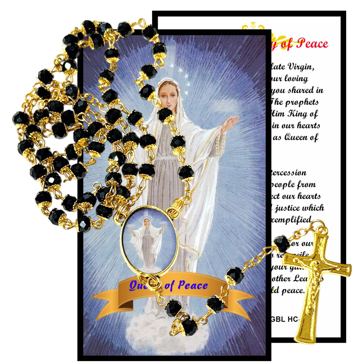 Our Lady Queen of Peace Handcrafted rosary jet black quartz capped beads gold plated findings, crucifix, medal centerpiece with color image and a prayer card