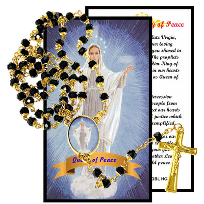 Our Lady Queen of Peace Handcrafted rosary jet black quartz capped beads gold plated findings, crucifix, medal centerpiece with color image and a prayer card