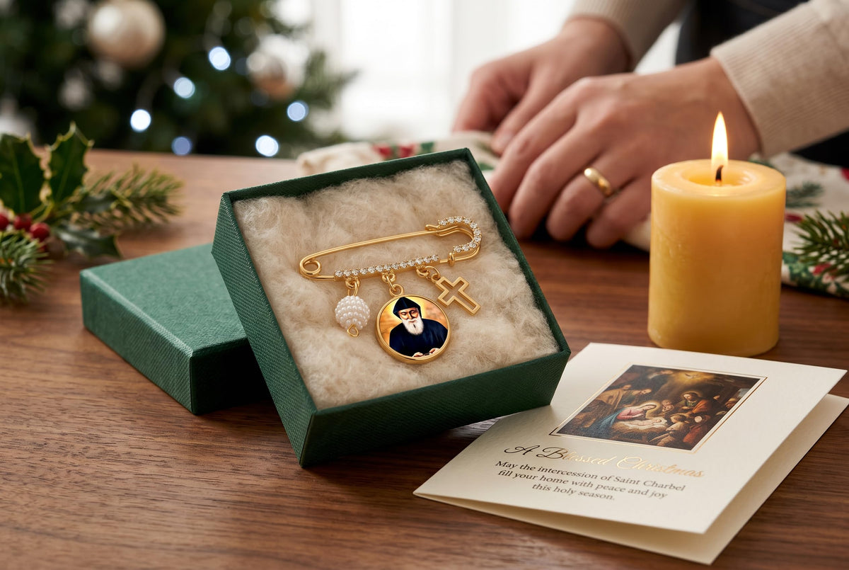 St. Benedict Gold-Tone Safety Pin Brooch with Saint Medal, Cross Charm, Pearl Accent & Crystal Details, Catholic Religious Faith Pin, Inspirational Gift
