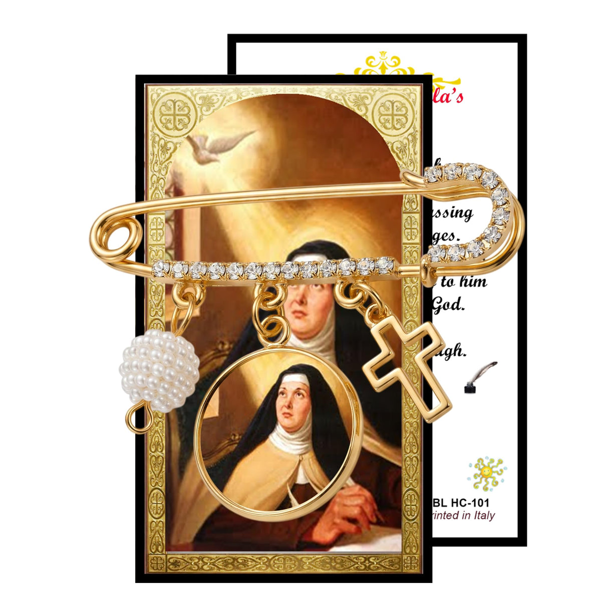 St. Teresa of Ávila Gold-Tone Safety Pin Brooch with Saint Medal, Cross Charm, Pearl Accent & Crystal Details, Catholic Religious Faith Pin, Inspirational Gift