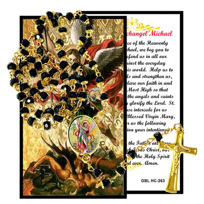 Saint Michael Archangel He Who is like God Handcrafted rosary jet black quartz capped beads gold plated findings, crucifix, medal centerpiece with color image and a prayer card