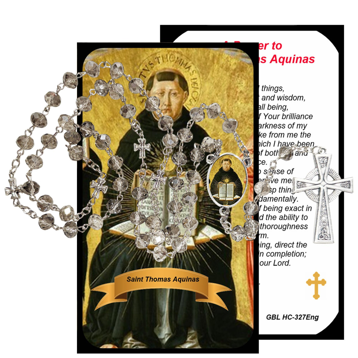 Saint Thomas Aquinas Patron of Students Handcrafted Smoke Quartz Crystal Rosary with Silver‑Plated Crucifix and Color Image Centerpiece – Cross Pater Nosters and Prayer Card Included