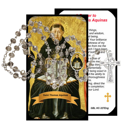 Saint Thomas Aquinas Patron of Students Handcrafted Smoke Quartz Crystal Rosary with Silver‑Plated Crucifix and Color Image Centerpiece – Cross Pater Nosters and Prayer Card Included