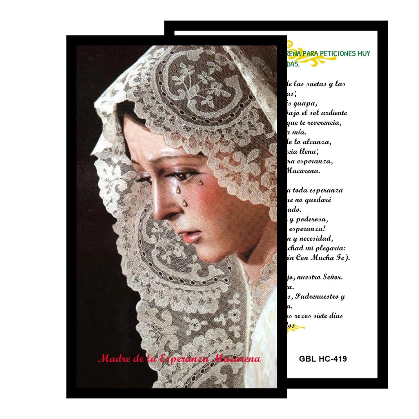 Nuestra Señora de la Esperanza Macarena Patrona de Sevilla Rosario artesanal de cristal de cuarzo ahumado con crucifijo bañado en plata y centro con imagen a color – crucifijos por Padre Nuestros y postal de rezo EN ESPANOL
