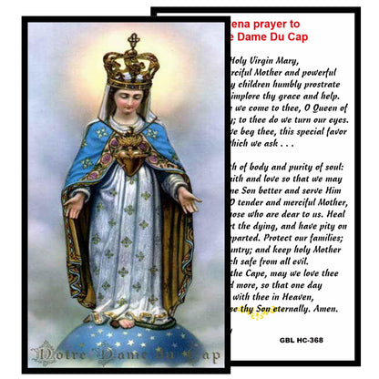 Our Lady Notre-Dame-du-Cap Canadian Marian Devotion Handcrafted rosary jet black quartz capped beads gold plated findings, crucifix, medal centerpiece with color image and a prayer card