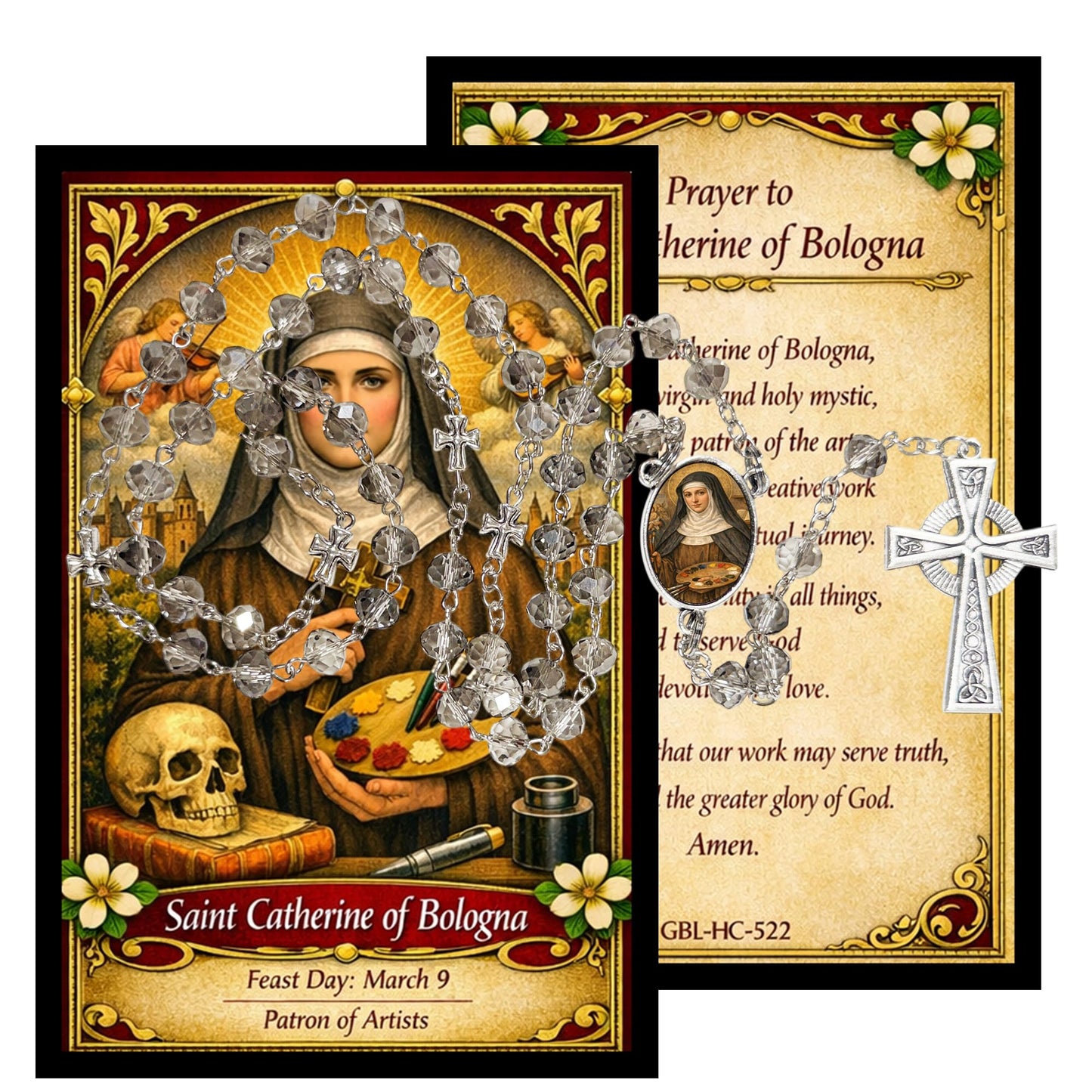 Saint Catherine of Bologna Patron of Artists Handcrafted Smoke Quartz Crystal Rosary with Silver‑Plated Crucifix and Color Image Centerpiece – Cross Pater Nosters and Prayer Card Included