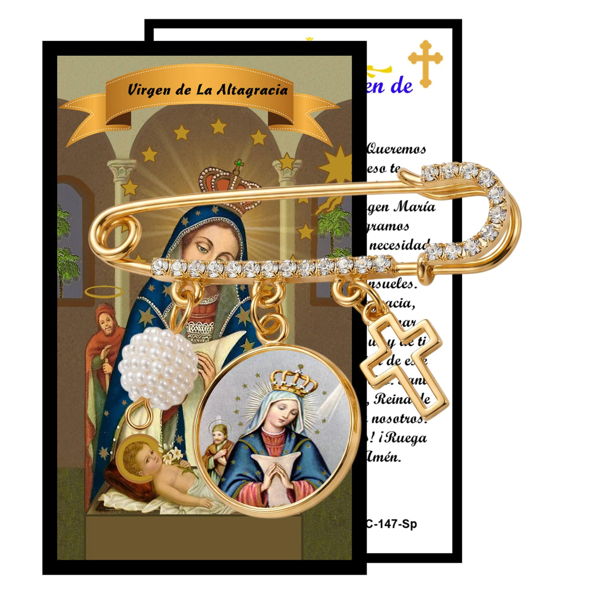 Broche Imperdible Dorado Virgen de la Altagracia con Medalla, Cruz, Perla y Detalles de Cristal. Pin Religioso Inspirador de Fe