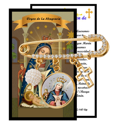 Broche Imperdible Dorado Virgen de la Altagracia con Medalla, Cruz, Perla y Detalles de Cristal. Pin Religioso Inspirador de Fe