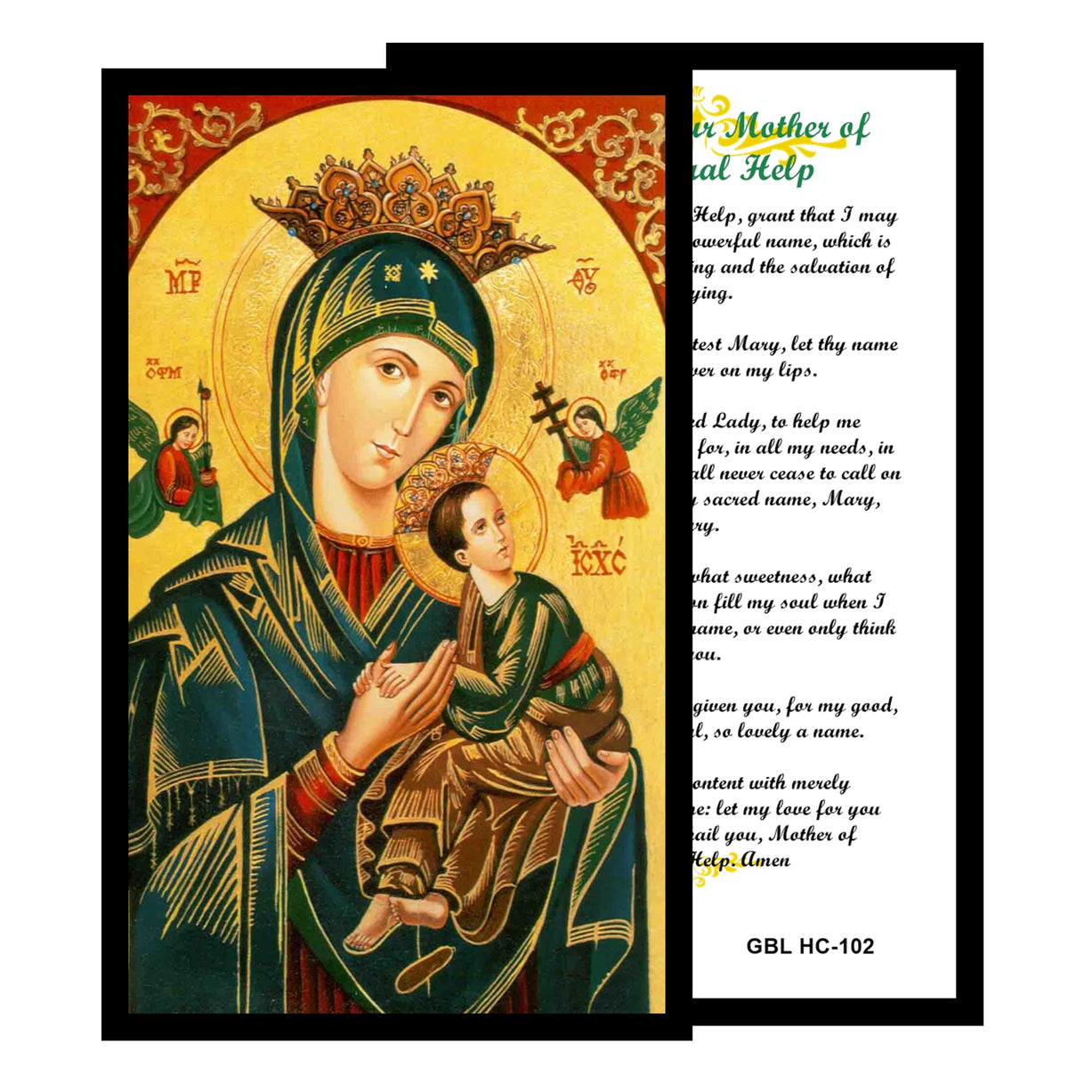 Our Lady of Perpetual Help Handcrafted rosary jet black quartz capped beads gold plated findings, crucifix, medal centerpiece with color image and a prayer card