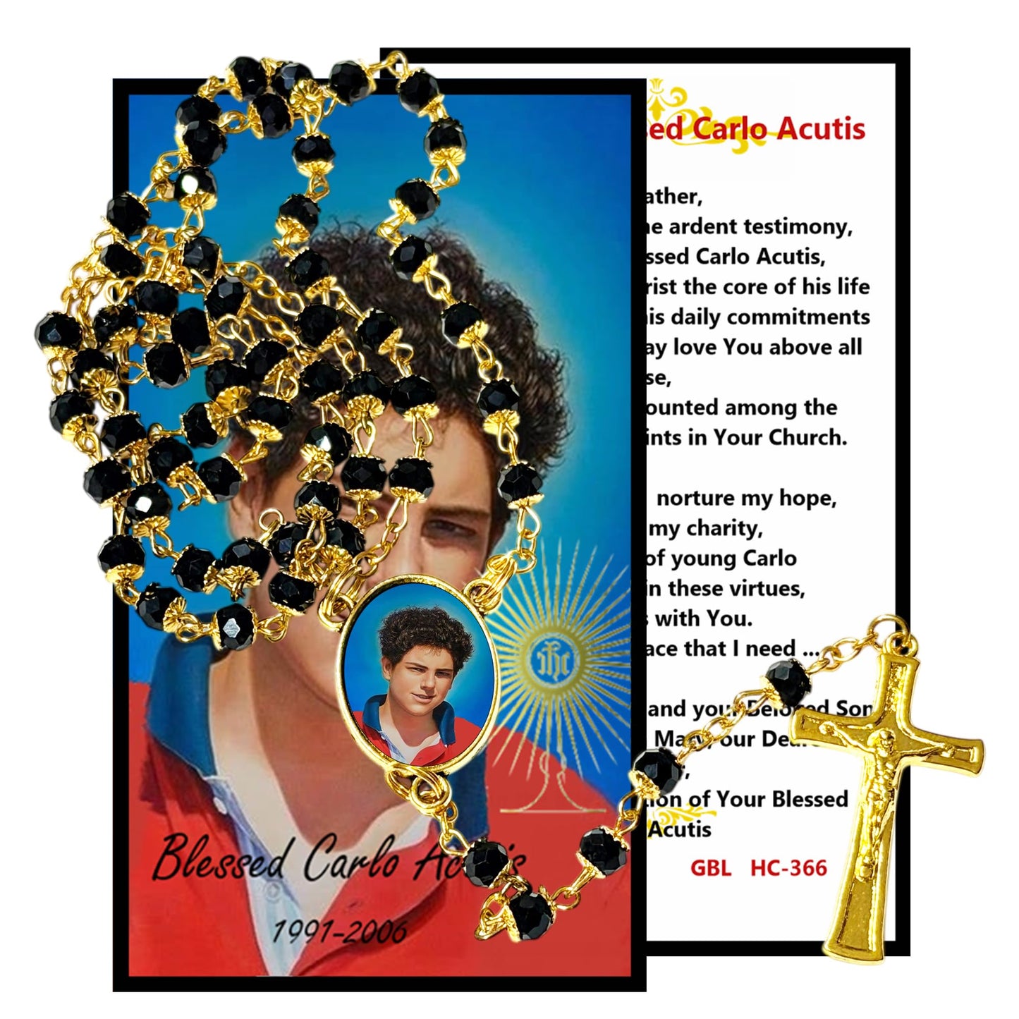 Saint Carlo Acutis Gods Influencer Patron of Internet Handcrafted rosary jet black quartz capped beads gold plated findings, crucifix, medal centerpiece with color image and a prayer card IN ENGLISH