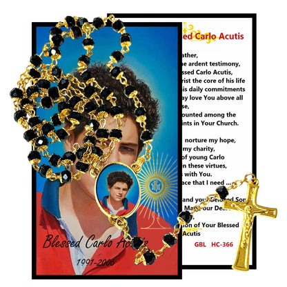 Saint Carlo Acutis Gods Influencer Patron of Internet Handcrafted rosary jet black quartz capped beads gold plated findings, crucifix, medal centerpiece with color image and a prayer card IN ENGLISH
