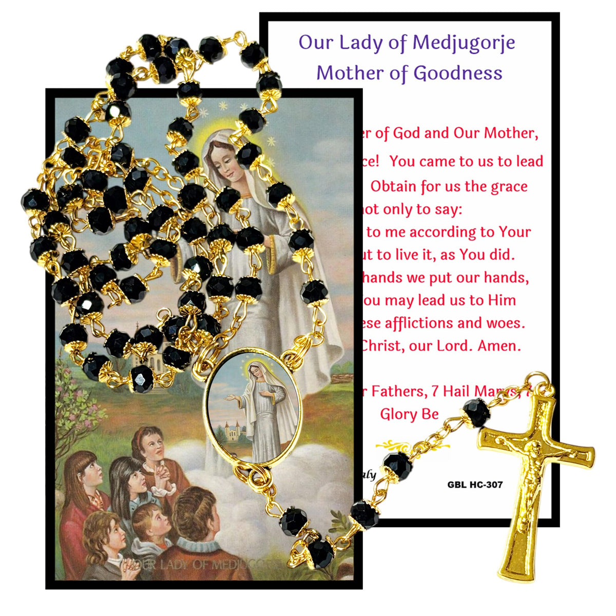 Our Lady of Medjugorje Mother of Goodness Love and Mercy Handcrafted rosary jet black quartz capped beads gold plated findings, crucifix, medal centerpiece with color image and a prayer card