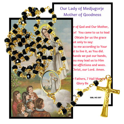 Our Lady of Medjugorje Mother of Goodness Love and Mercy Handcrafted rosary jet black quartz capped beads gold plated findings, crucifix, medal centerpiece with color image and a prayer card