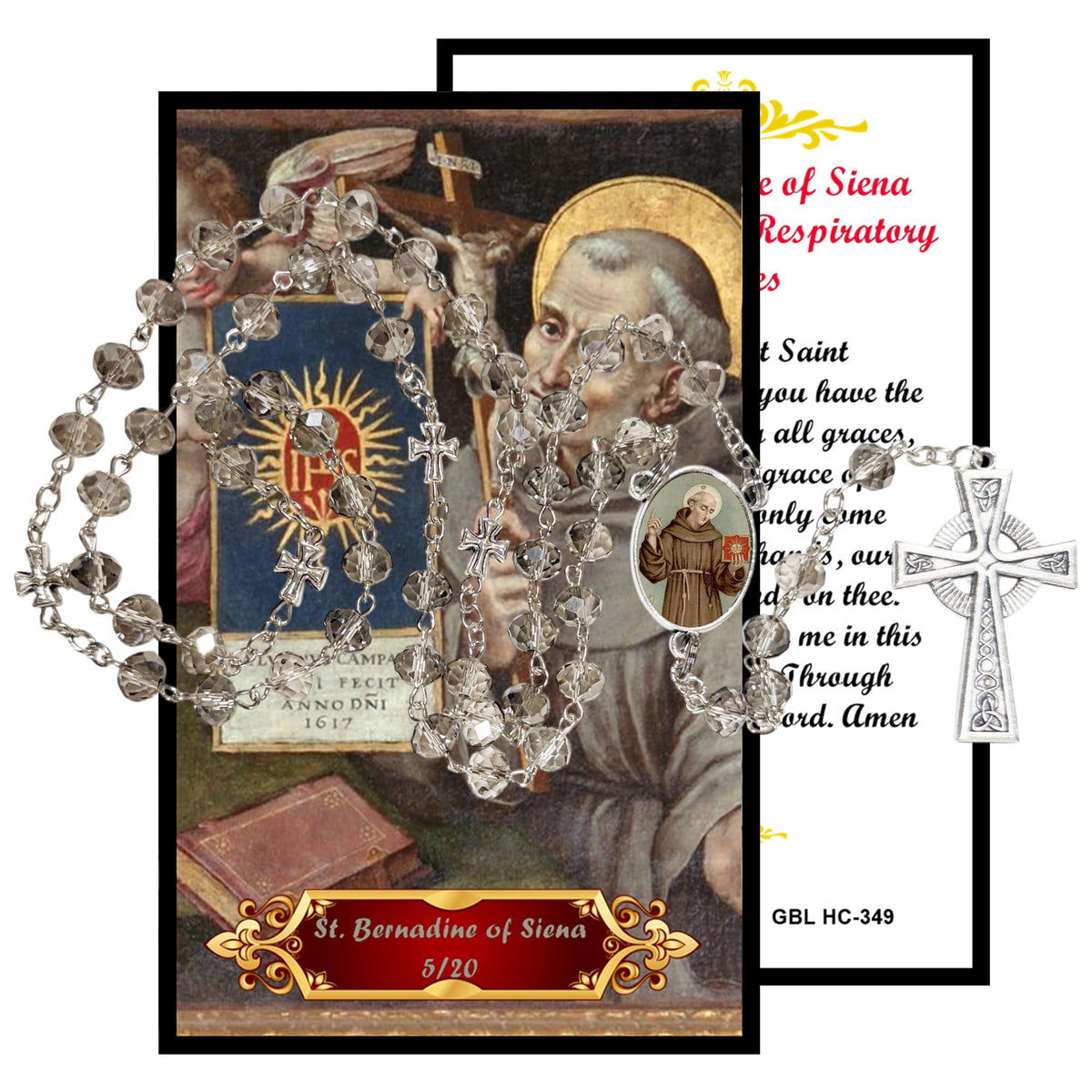 Saint Bernardine of Siena Patron of Those with Respiratory Ailments Handcrafted Smoke Quartz Crystal Rosary with Silver‑Plated Crucifix and Color Image Centerpiece – Cross Pater Nosters and Prayer Card Included