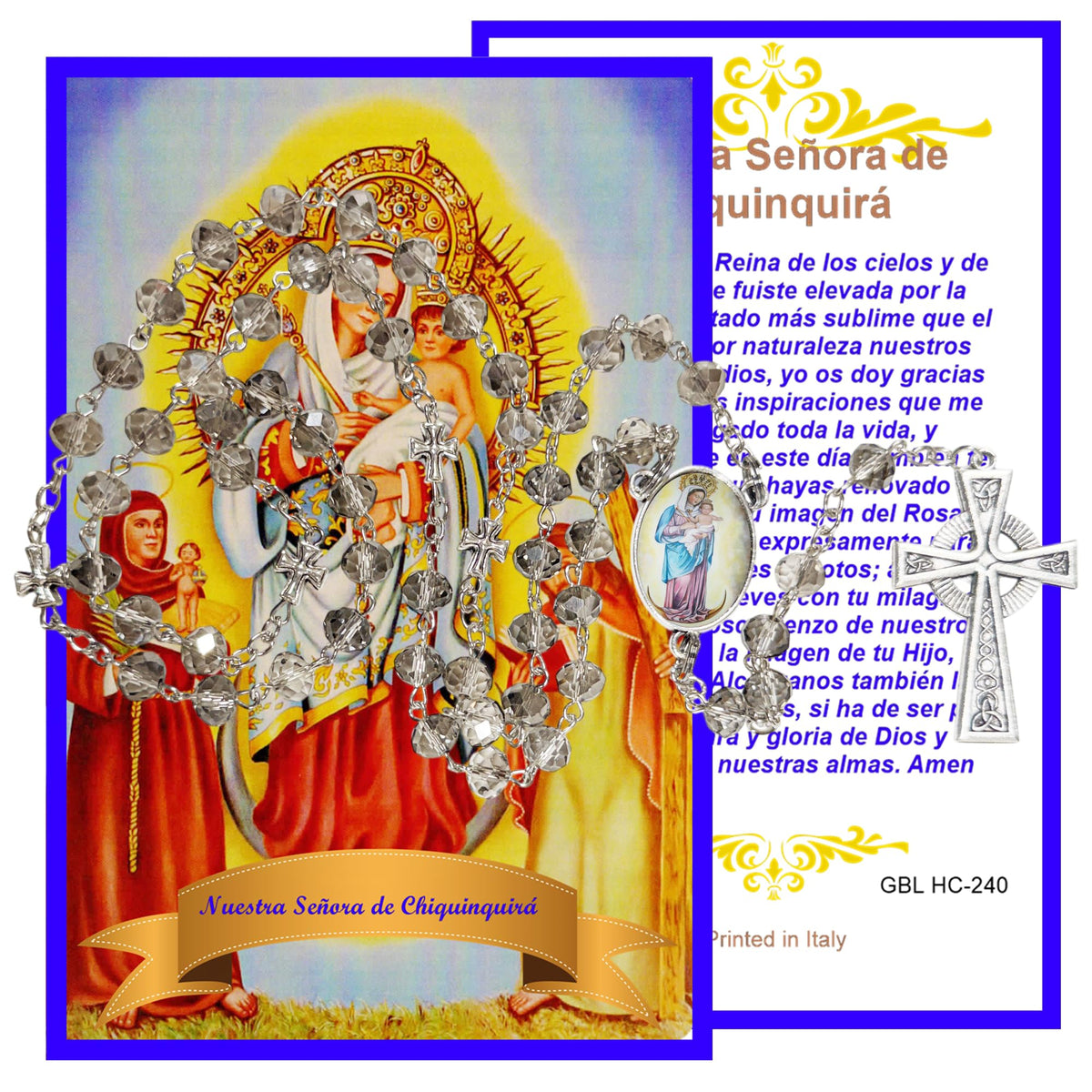 La Santisima Virgen De Chiquinquira Handcrafted Smoke Quartz Crystal Rosary with Silver‑Plated Crucifix and Color Image Centerpiece – Cross Pater Nosters and Prayer Card Included IN SPANISH