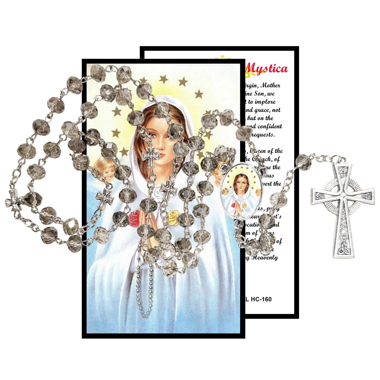 Maria Rosa Mistica Pureza Amor y Humildad Rosario artesanal de cristal de cuarzo ahumado con crucifijo bañado en plata y centro con imagen a color – crucifijos por Padre Nuestros y postal de rezo EN ESPANOL