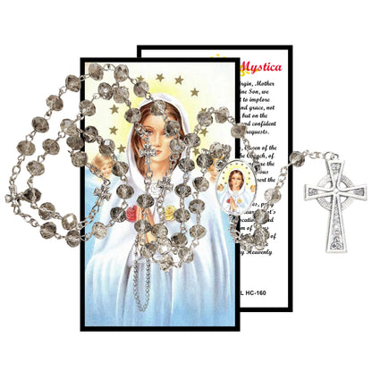Maria Rosa Mistica Pureza Amor y Humildad Rosario artesanal de cristal de cuarzo ahumado con crucifijo bañado en plata y centro con imagen a color – crucifijos por Padre Nuestros y postal de rezo EN ESPANOL