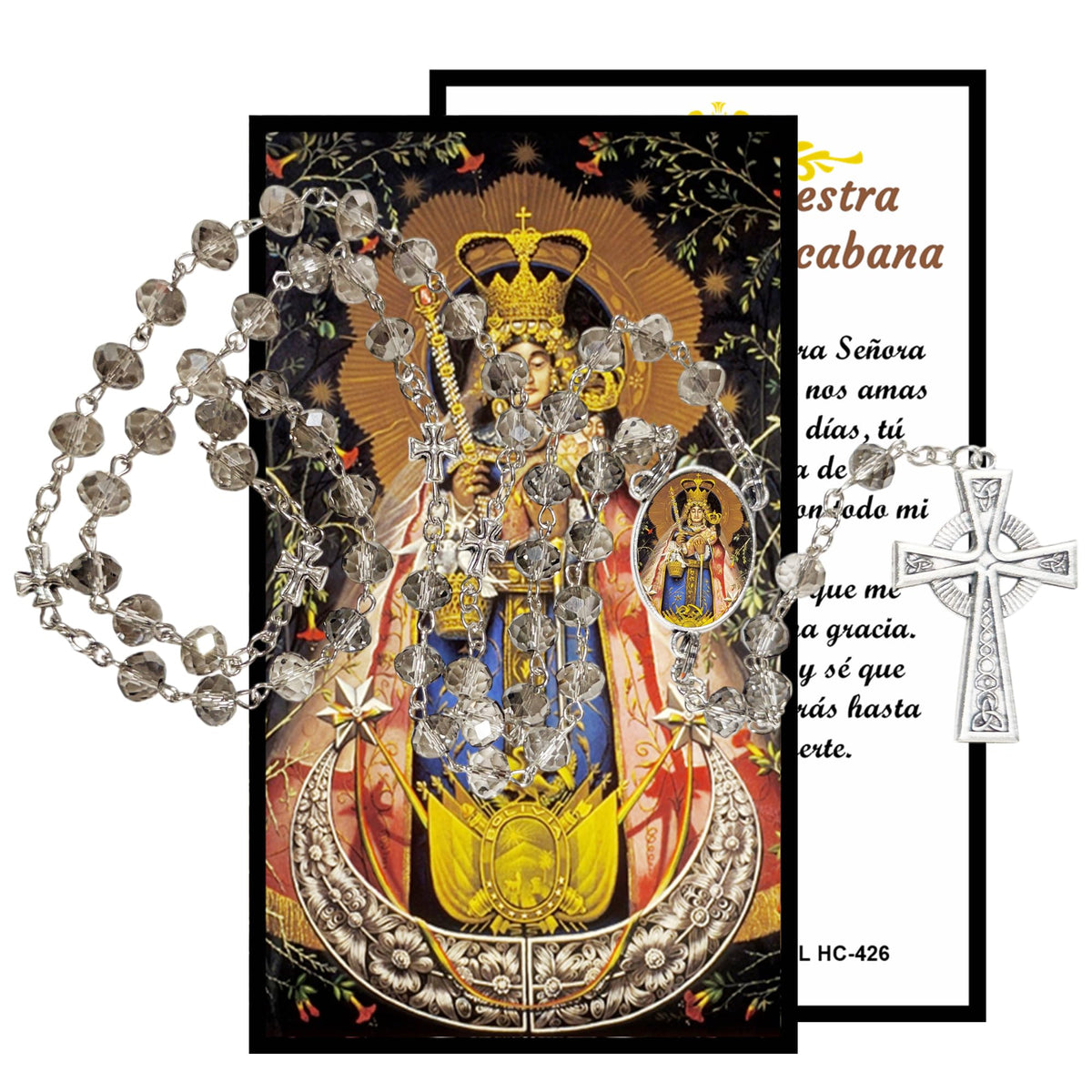 Virgen de Copacabana La Coyeta Patron of Bolivia Handcrafted Smoke Quartz Crystal Rosary with Silver‑Plated Crucifix and Color Image Centerpiece – Cross Pater Nosters and Prayer Card Included IN SPANISH
