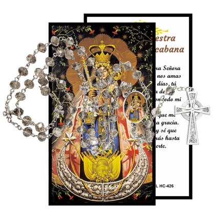 Virgen de Copacabana La Coyeta Patron of Bolivia Rosario artesanal de cristal de cuarzo ahumado con crucifijo bañado en plata y centro con imagen a color – crucifijos por Padre Nuestros y postal de rezo EN ESPANOL