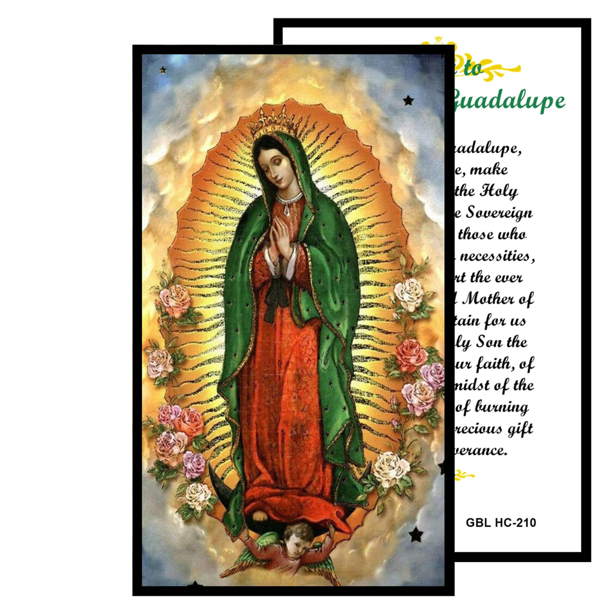 Our Lady of Guadalupe Patron of the Americas Handcrafted rosary jet black quartz capped beads gold plated findings, crucifix, medal centerpiece with color image and a prayer card