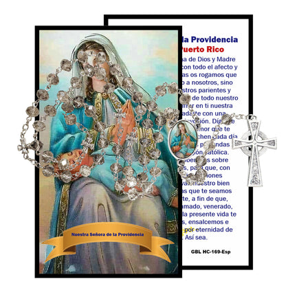 Nuestra Senora de la Divina Providencia Patrona de Puerto Rico Rosario artesanal de cristal de cuarzo ahumado con crucifijo bañado en plata y centro con imagen a color – crucifijos por Padre Nuestros y postal de rezo EN ESPANOL