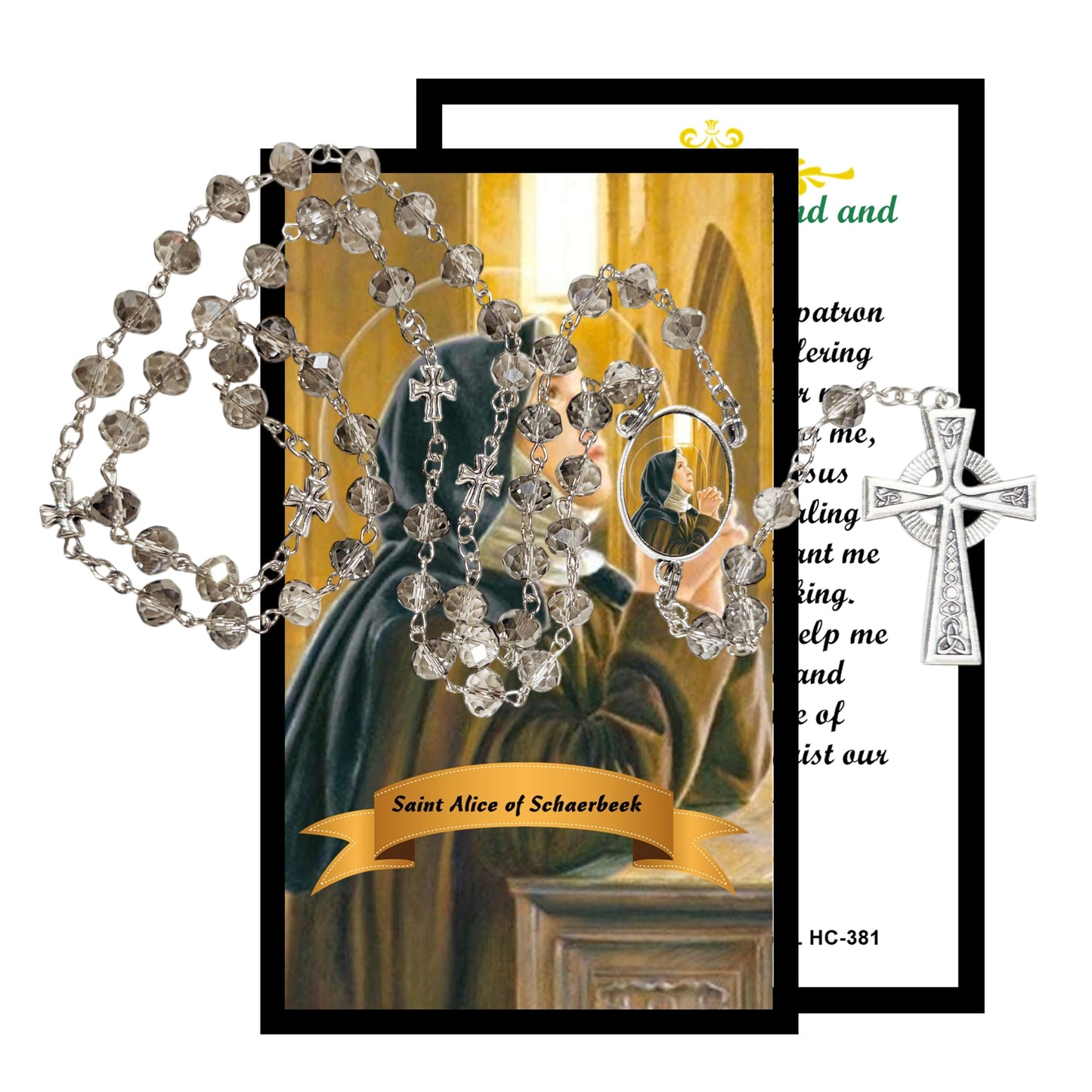 Alice of Schaerbeek Patroness of the Blind and Paralyzed Handcrafted Smoke Quartz Crystal Rosary with Silver‑Plated Crucifix and Color Image Centerpiece – Cross Pater Nosters and Prayer Card Included