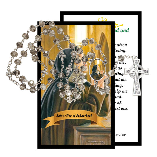 Alice of Schaerbeek Patroness of the Blind and Paralyzed Handcrafted Smoke Quartz Crystal Rosary with Silver‑Plated Crucifix and Color Image Centerpiece – Cross Pater Nosters and Prayer Card Included