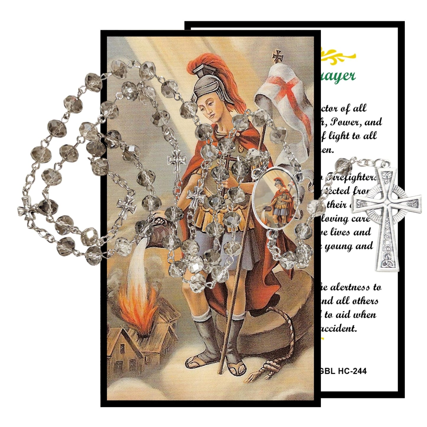 Saint Florian Patron of Firefighters Handcrafted Smoke Quartz Crystal Rosary with Silver‑Plated Crucifix and Color Image Centerpiece Cross Pater Nosters and Prayer Card Included