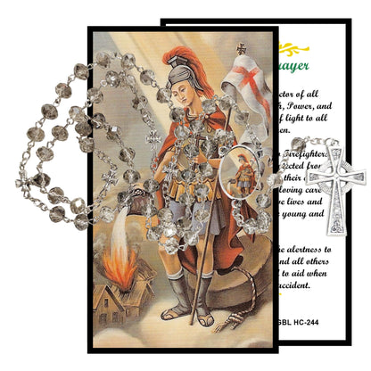 Saint Florian Patron of Firefighters Handcrafted Smoke Quartz Crystal Rosary with Silver‑Plated Crucifix and Color Image Centerpiece Cross Pater Nosters and Prayer Card Included