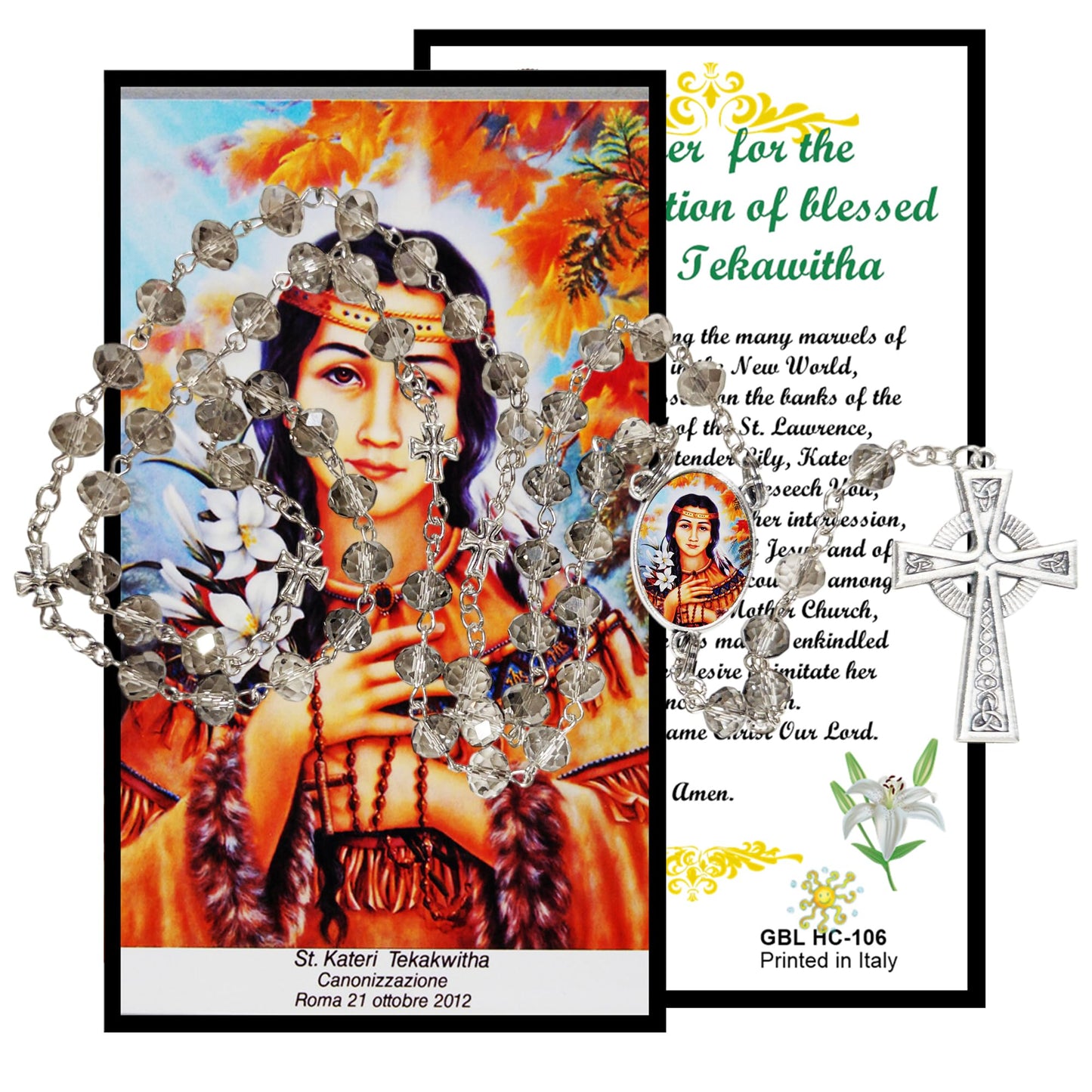 Saint Kateri Tekakwitha Lily of The Mohawks Handcrafted Smoke Quartz Crystal Rosary with Silver‑Plated Crucifix and Color Image Centerpiece – Cross Pater Nosters and Prayer Card Included
