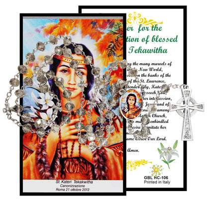 Saint Kateri Tekakwitha Lily of The Mohawks Handcrafted Smoke Quartz Crystal Rosary with Silver‑Plated Crucifix and Color Image Centerpiece – Cross Pater Nosters and Prayer Card Included