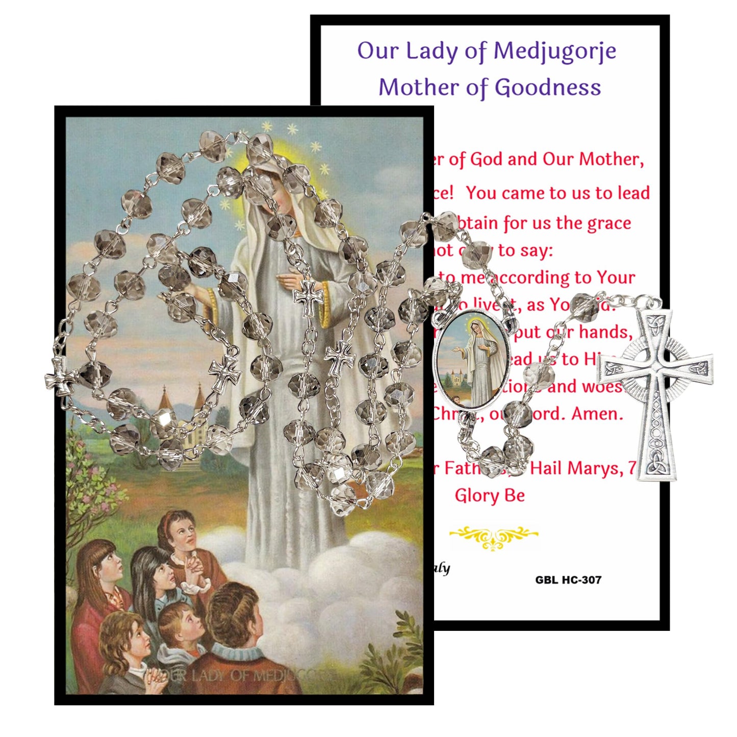 Our Lady of Medjugorje Mother of Goodness Love and Mercy Handcrafted Smoke Quartz Crystal Rosary with Silver‑Plated Crucifix and Color Image Centerpiece Cross Pater Nosters and Prayer Card Included