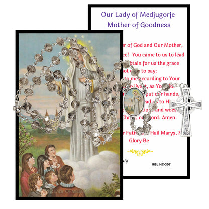 Our Lady of Medjugorje Mother of Goodness Love and Mercy Handcrafted Smoke Quartz Crystal Rosary with Silver‑Plated Crucifix and Color Image Centerpiece Cross Pater Nosters and Prayer Card Included