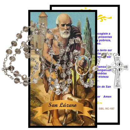 San Lazaro Viejo Lazaro Babalu Aye Rosario artesanal de cristal de cuarzo ahumado con crucifijo bañado en plata y centro con imagen a color – crucifijos por Padre Nuestros y postal de rezo EN ESPANOL