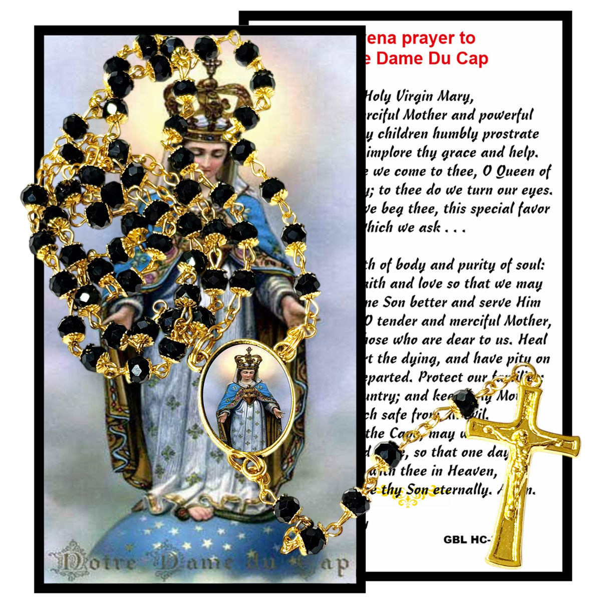 Our Lady Notre-Dame-du-Cap Canadian Marian Devotion Handcrafted rosary jet black quartz capped beads gold plated findings, crucifix, medal centerpiece with color image and a prayer card