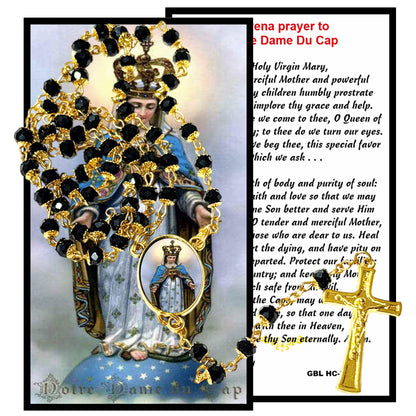 Our Lady Notre-Dame-du-Cap Canadian Marian Devotion Handcrafted rosary jet black quartz capped beads gold plated findings, crucifix, medal centerpiece with color image and a prayer card