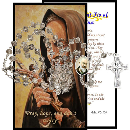 Padre Pio of Pietrelcinia Handcrafted Smoke Quartz Crystal Rosary with Silver‑Plated Crucifix and Color Image Centerpiece Cross Pater Nosters and Prayer Card Included