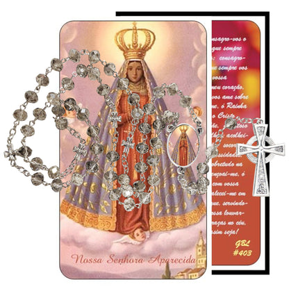Nossa Senhora Aparecida Patron of Brazil Handcrafted Smoke Quartz Crystal Rosary with Silver‑Plated Crucifix and Color Image Centerpiece – Cross Pater Nosters and Prayer Card Included IN PORTUGUESE