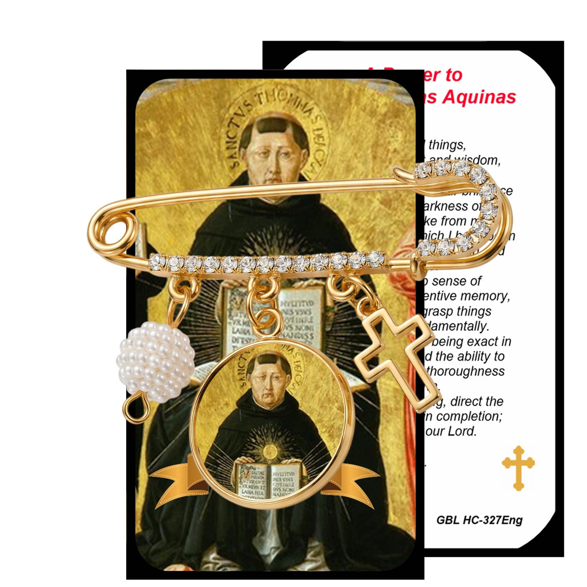 Saint Thomas Aquinas Patron of Students Gold-Tone Safety Pin Brooch with Saint Medal Cross Charm Pearl Accent and Crystal Details Religious Faith Pin