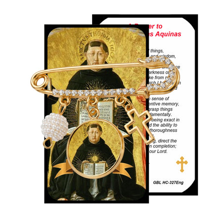 Saint Thomas Aquinas Patron of Students Gold-Tone Safety Pin Brooch with Saint Medal Cross Charm Pearl Accent and Crystal Details Religious Faith Pin