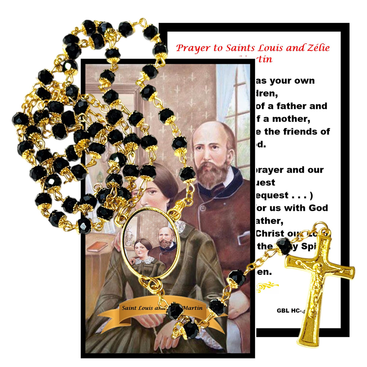 Saints Louis Martin and Zélie Guérin Parents of St Therese Patrons of Marriage and Parenting Handcrafted rosary jet black quartz capped beads gold plated findings, crucifix, medal centerpiece with color image and a prayer card