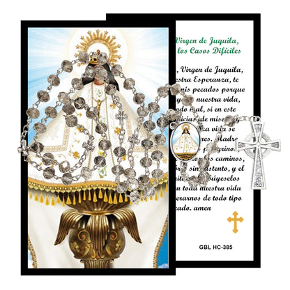 Nuestra Señora Inmaculada Virgen de Juquila Patrona de Oaxaca Rosario artesanal de cristal de cuarzo ahumado con crucifijo bañado en plata y centro con imagen a color – crucifijos por Padre Nuestros y postal de rezo EN ESPANOL