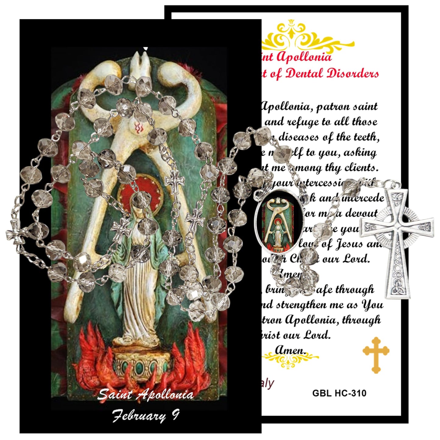 Saint Apollonia Patron of Dentists and of Those with Dental Disease Handcrafted Smoke Quartz Crystal Rosary with Silver‑Plated Crucifix and Color Image Centerpiece – Cross Pater Nosters and Prayer Card Included